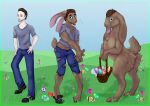  2020 anthro beard bottomwear brown_body brown_fur clothing easter egg facial_hair footwear fur hi_res holidays human human_to_anthro lagomorph leporid male mammal nude outside pants rabbit sequence shoes smile solo species_transformation standing torn_clothing transformation zhekathewolf ztw2020 