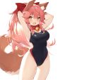  animal_ears blush bow breasts cleavage collar fang fate/grand_order fate_(series) foxgirl long_hair muryou pink_hair skintight swimsuit tail tamamo_no_mae_(fate) yellow_eyes 
