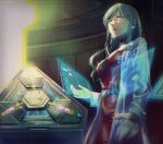  1girl belt black_choker blue_eyes breasts choker dress from_below fuwamoko_momen_toufu galatea_(xenoblade) highres holographic_interface indoors labcoat lips long_hair medium_breasts name_tag red_dress science_fiction solo xenoblade_(series) xenoblade_2 zohar 
