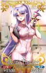  1girl :d alternate_costume blue_eyes blurry blurry_background blush breasts card_(medium) caster_lily clipboard commentary_request craft_essence dress eyebrows_visible_through_hair fate/grand_order fate_(series) foxy_rain hat highres holding holding_clipboard holding_knife hospital knife long_hair long_ponytail looking_at_viewer medium_breasts nail_polish nurse nurse_cap open_mouth pantyhose parody pink_dress pointy_ears ponytail purple_hair purple_nails rulebreaker short_dress smile solo very_long_hair 