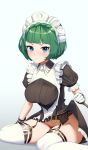  absurdres apron bangs blue_eyes blunt_bangs blush braid breasts buckle closed_mouth covered_nipples crown_braid dress dress_lift ett01024 frilled_dress frilled_sleeves frills garter_belt gloves gradient gradient_background green_hair groin highres large_breasts last_origin lifted_by_self looking_at_viewer maid maid_headdress no_panties puffy_short_sleeves puffy_sleeves short_hair short_sleeves sitting thighhighs v-shaped_eyebrows vanilla_a1 wariza white_apron white_background white_gloves white_legwear 