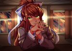  absurdres bow doki_doki_literature_club green_eyes hair_bow head_rest highres long_hair looking_at_viewer monika_(doki_doki_literature_club) neck_ribbon nisego open_mouth own_hands_together ribbon smile solo white_bow 