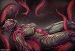  alien alien_humanoid breasts captured clothed clothing duo erection female grabbing_arm grabbing_legs grakata733 grey_body grey_skin hi_res humanoid looking_at_another looking_up male male/female medium_breasts motion_lines operator_(warframe) red_body red_skin tentacles video_games warframe 