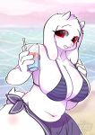  beverage big_breasts bikini bikini_top bovid breasts caprine cleavage clothed clothing drinking_straw eyelashes female fur glass goat horn huge_breasts ice_cube long_ears mammal navel outside red_eyes sea skimpy snow_angel_(artist) solo swimwear toriel undertale video_games water white_body white_fur 