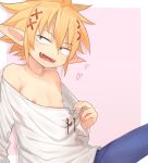  1boy arm_support blonde_hair blue_pants collar_tug elf fangs green_eyes hair_ornament heart ishuzoku_reviewers komiya_harumoto looking_at_viewer male_focus nipples open_mouth pants pink_background pointy_ears shirt simple_background smile solo white_shirt zel_(ishuzoku_reviewers) 