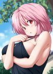  1girl alternate_costume arm_under_breasts bangs bare_arms bare_shoulders blush breasts commentary_request day hair_between_eyes large_breasts looking_at_viewer nori_tamago open_mouth outdoors pink_hair red_eyes saigyouji_yuyuko short_hair solo touhou tree upper_body 