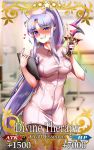  1girl alternate_costume blue_eyes blurry blurry_background blush breasts card_(medium) caster_lily clipboard commentary_request craft_essence dress eyebrows_visible_through_hair fang fate/grand_order fate_(series) foxy_rain grin hat heart highres holding holding_clipboard holding_knife hospital knife long_hair long_ponytail looking_at_viewer medium_breasts nail_polish nurse nurse_cap pantyhose parody pink_dress pointy_ears ponytail purple_hair purple_nails rulebreaker short_dress smile solo very_long_hair 