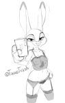  2020 anthro breasts cellphone clothing dipstick_ears disney female garter_belt garter_straps holding_cellphone holding_object holding_phone judy_hopps lagomorph leporid lingerie looking_at_viewer mammal midriff monochrome multicolored_ears navel nipples phone rabbit signature simple_background sketch smile solo trashtikko white_background zootopia 