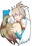  1girl :o ahoge animal arm_warmers bird blue_eyes breasts chialo_le_solaluna cleavage duck eye_contact holding holding_animal holding_bird large_breasts light_brown_hair looking_at_another pattlephyt_(pixiv_fantasia_age_of_starlight) pixiv_fantasia pixiv_fantasia_age_of_starlight sidelocks simple_background white_wings wings yagisaka_seto 