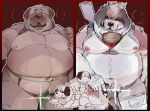  2020 anthro barely_visible_genitalia belly blush canid canine canis chisa_sa domestic_dog duo genitals hi_res humanoid_hands kemono male mammal moobs nipples overweight overweight_male weapon 