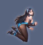  1girl absurdres animal_ears ankle_bow arched_back ass back backless_leotard bangs bare_back bare_shoulders black_hair blue_background blue_bow blue_choker blue_eyes blue_leotard bow breasts bridal_gauntlets brown_gloves brown_legwear cat_ears choker dark_night_(darkotl) elbow_gloves fake_animal_ears full_body gloves grey_footwear high_heels highres jumping large_breasts leotard long_hair looking_at_viewer looking_back original pantyhose parted_lips shiny shiny_hair shoes sideboob solo strapless strapless_leotard swept_bangs 