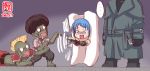  &gt;_&lt; 1girl afro artist_logo bangs black_hair blonde_hair blue_hair coat commentary_request dated food highres holding holding_knife kanon_(kurogane_knights) kantai_collection knife mohawk mr.x open_mouth parody resident_evil resident_evil_2 samidare_(kantai_collection) scared tofu weapon zombie 