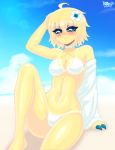  anthro beach bikini blue_eyes breasts clothing female hair hi_res humanoid_face jolie_sparks joltik nintendo pok&eacute;mon pok&eacute;mon_(species) razplus seaside short_hair sky smile solo swimwear video_games 