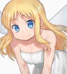  1other angel angel_wings bangs bare_shoulders blonde_hair blue_eyes breasts cleavage closed_mouth crimvael dress eyebrows_visible_through_hair ishuzoku_reviewers komiya_harumoto long_hair looking_at_viewer other_focus solo strapless strapless_dress upper_body v_arms white_dress wings 