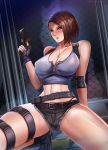  1girl badcompzero belt black_shorts blue_eyes breasts brown_hair chain-link_fence collarbone fence fingerless_gloves gloves gun handgun highres holding holding_gun holding_weapon jewelry jill_valentine large_breasts midriff navel necklace outdoors pistol purple_shirt resident_evil resident_evil_3 shirt short_hair short_shorts shorts sleeveless solo spread_legs squatting weapon 