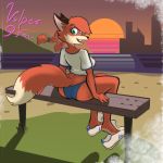  1:1 2020 anthro aygee black_nose breasts butt canid canine clothing english_text female footwear fox green_eyes hi_res looking_at_viewer looking_back mammal open_mouth outside rear_view shirt shoes sitting smile solo sunset text topwear water 