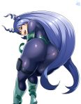  1girl absurdres ass ass_focus blue_eyes bodysuit boku_no_hero_academia boots cameltoe drill_hair from_behind hadou_nejire highres jmg knee_boots lavender_hair long_hair looking_back multicolored multicolored_bodysuit multicolored_clothes open_mouth pantylines skin_tight smile solo thigh_pouch twin_drills very_long_hair white_background 