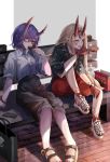  2girls alternate_costume bench blonde_hair bracelet bracer demon_horns earrings eating fate/grand_order fate_(series) food highres horns ibaraki_douji_(fate/grand_order) ice_cream jewelry legs long_hair looking_at_viewer looking_away miyabino_(miyabi1616) multiple_girls open_mouth purple_eyes purple_hair shirt shoes short_hair shuten_douji_(fate/grand_order) shuten_douji_(onmyoji) sitting sitting_on_bench sweat tattoo watch white_footwear white_shirt yellow_eyes 