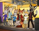  aggressive_retsuko ailurid anthro blazer bottomwear canid canine cast clothed clothing crossover crutch dipstick_ears disney female fox group haida hare hi_res hyaenid jack_savage judy_hopps karaoke lagomorph leporid male male/female mammal medical_instrument microphone multicolored_ears nick_wilde partying rabbit red_fox red_panda retsuko sanrio scientific_instrument singing skirt skye_(zootopia) spotted_hyena stage stage_lights stripes swift_fox underbite ziegelzeig zootopia 