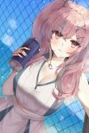  1girl artist_name azur_lane bangs bare_shoulders blue_sky bottle bow breasts bremerton_(azur_lane) bremerton_(scorching-hot_training)_(azur_lane) chain-link_fence cleavage closed_mouth commentary crop_top crop_top_overhang dutch_angle eyebrows_visible_through_hair fence grey_hair hair_between_eyes hair_bow hair_ornament hairclip heart heart_necklace highres large_breasts long_hair looking_at_viewer mole mole_under_eye multicolored_hair ocean outdoors outstretched_arm pink_eyes pink_hair pink_lips poho shirt sidelocks sky sleeveless sleeveless_shirt solo sportswear streaked_hair sweat tennis_uniform two-tone_shirt water_bottle x_hair_ornament 