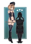  2girls absurdres ankle_cuffs argrim arms_at_sides bdsm blonde_hair bodysuit boots breasts breathing_tube brown_eyes bustier choker collarbone corset crotch_zipper detached_sleeves djeeta_(granblue_fantasy) dominatrix eyebrows_visible_through_hair gas_mask gimp_mask gimp_suit granblue_fantasy hairband hat heart high_heels highres knee_boots latex_bodysuit looking_at_viewer lyria_(granblue_fantasy) multiple_girls navel outline peaked_cap riding_crop sitting skin_tight small_breasts thighhighs two-tone_background white_outline zipper 