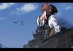  1girl absurdres aircraft bangs black_border border brown_eyes brown_hair cloud day flat_chest flight_deck from_side headgear highres holding kan6e_ver kantai_collection long_sleeves machinery outdoors profile rigging short_hair sky solo taihou_(kantai_collection) 