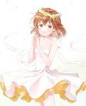  brown_eyes brown_hair choker dress flower head_wreath highres idolmaster idolmaster_cinderella_girls idolmaster_cinderella_girls_starlight_stage jewelry kita_hinako kiu_777 looking_at_viewer petals praying ribbon ring white_background white_dress 