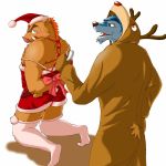  1:1 2008 anthro blush bodily_fluids bound canid canine canis christmas clothing duo hat headgear headwear holidays kemono male mammal onesie poisonkinoko santa_hat simple_background suid suina sus_(pig) sweat white_background wild_boar wolf 