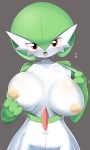  2020 3:5 areola black_pupils bodily_fluids breasts collarbone female front_view gardevoir grey_background hi_res humanoid lets0020 looking_at_viewer nintendo nipples open_mouth pok&eacute;mon pok&eacute;mon_(species) presenting presenting_breasts red_eyes simple_background solo sweat tongue video_games white_body 