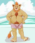 2010 4:5 anthro balls_outline belly blush bulge clothing felid genital_outline humanoid_hands kemono lion male mammal moobs nipples overweight overweight_male pantherine poisonkinoko pubes solo underwear 