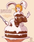  big_breasts blonde_hair breasts cake carrot_(one_piece) cutlery dialogue disembodied_hand duo english_text female food food_creature fork hair huge_breasts implied_transformation kitchen_utensils lagomorph leporid mammal nipples one_piece open_mouth rabbit simple_background size_difference surprise text thetransformtentacle tools unseen_character 