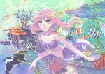 1girl air_bubble bangs bubble butterflyfish clownfish coral fish fish_request gem gradient_hair hair_ornament jellyfish jewelry jeya_(leej3ya) leaf looking_at_viewer manta_ray mermaid monster_girl multicolored_hair necklace original pink_hair plant purple_bikini_top rock scales smile solo sparkle starfish surgeonfish underwater 