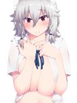  1girl blue_neckwear blush braid breasts cleavage eyebrows_visible_through_hair hayashi_custom highres izayoi_sakuya large_breasts maid maid_headdress navel open_clothes open_mouth open_shirt red_eyes shirt short_hair silver_hair solo touhou twin_braids white_background white_shirt 