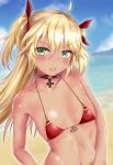  1girl admiral_hipper_(azur_lane) ahoge azur_lane bangs bare_shoulders beach blonde_hair blue_sky blush breasts choker flag_print german_flag_bikini hair_between_eyes hair_ribbon iron_cross liu5114 long_hair looking_at_viewer mole mole_under_eye ocean open_mouth outdoors red_bikini_top ribbon sidelocks sky small_breasts solo swimsuit tan two_side_up upper_body 