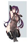  1girl absurdres arm_behind_head arm_up armpits bare_shoulders bespectacled bikini bikini_under_clothes black_bikini breasts cleavage elbow_gloves glasses gloves hie_(hiememiko) hiememiko highres large_breasts latex long_hair looking_at_viewer navel original purple_eyes purple_hair see-through shiny shiny_clothes smile solo swimsuit swimsuit_under_clothes thighhighs twintails 