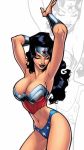  1girl bare_shoulders black_hair bracer breasts cleavage collarbone dc_comics long_hair muscle muscular_female smile solo strapless superhero thighs tiara wonder_woman wonder_woman_(series) 