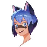  1:1 absurd_res animal_humanoid black_body black_fur black_hair black_nose blue_eyes blue_hair brand_new_animal brown_body brown_fur canid canid_humanoid canine canine_humanoid cute_fangs female fur glistening glistening_hair hair headshot_portrait hi_res humanoid looking_at_viewer mammal mammal_humanoid michiru_kagemori multicolored_hair open_mouth portrait raccoon_dog short_hair simple_background solo studio_trigger tanuki tanuki_humanoid white_background zero-xiuji 