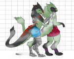  anthro black_body black_fur bubble claws clothing duo fur green_body green_fur hi_res immortal_sergal male male/male mammal nammers purple_body purple_fur red_body red_fur robotic_arm robotic_legs sergal shower showering simple_background soap swimming_trunks swimwear tongue wet wet_clothing 