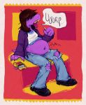  2019 anthro belly bottomwear brown_hair burping chalk clothing deltarune english_text female footwear hair jeans midriff pants purple_body reptile scalie sharp_teeth shirt shoes simple_background solo susie_(deltarune) teeth text tongue tongue_out topwear unknown_artist video_games 