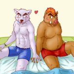  &lt;3 1:1 2009 anthro belly blush bulge canid canine clothing duo hand_holding kemono male male/male mammal moobs muscular navel poisonkinoko sitting suid suina sus_(pig) underwear wild_boar 