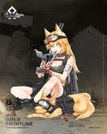  1girl animal animal_ears artist_request bandages bangs black_footwear black_gloves blonde_hair blue_eyes boots breasts character_name cleavage closed_eyes copyright_request damaged dog eyebrows_visible_through_hair fingerless_gloves girls_frontline gloves goggles goggles_on_head gun highres injury large_breasts long_hair m500_(girls_frontline) mossberg_500 mouth_hold official_art one_eye_closed shotgun shotgun_shells sitting tail torn_clothes weapon 