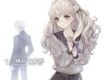  13_sentinels:_aegis_rim 1boy 1girl back blurry blurry_background collarbone english_text eyebrows_visible_through_hair flower formal green_eyes grey_hair hair_flower hair_ornament rose school_uniform senano-yu simple_background skirt standing suit uniform white_background white_flower white_hair white_rose 