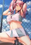  1girl armpits azur_lane bare_shoulders black_panties breasts bremerton_(azur_lane) bremerton_(scorching-hot_training)_(azur_lane) chain-link_fence cleavage collarbone commentary_request crop_top crop_top_overhang fence full_body grey_hair hair_between_eyes hair_ornament hairclip heart heart_necklace highres kazuha_(saku_kn) large_breasts looking_at_viewer miniskirt mole mole_under_eye multicolored_hair open_mouth panties pink_eyes pink_hair see-through shirt skirt sleeveless sleeveless_shirt solo sportswear squatting stomach streaked_hair tennis_uniform thighs two-tone_hair two-tone_shirt two-tone_skirt underboob underwear wet wet_clothes x_hair_ornament 