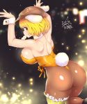  1girl animal_ears ass bare_arms bare_shoulders black_background blonde_hair breasts brown_headwear brown_legwear bunny_ears bunny_girl bunny_tail bunnysuit commentary_request dango food from_behind hat highres large_breasts leotard looking_at_viewer mouth_hold pantyhose red_eyes ringo_(touhou) short_hair solo tail touhou umigarasu_(kitsune1963) wagashi wrist_cuffs yellow_leotard 