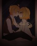  1boy 1girl adolescence_(vocaloid) bed bed_sheet blonde_hair blue_eyes blush brother_and_sister camisole closed_eyes eyebrows_visible_through_hair face-to-face frilled_camisole hair_ornament hairclip imminent_kiss incest kagamine_len kagamine_rin kneeling leaning_forward necktie on_bed parted_lips sazanami_(ripple1996) shirt short_hair short_ponytail siblings sitting sleeveless_blazer song_name spaghetti_strap twincest twins untying vocaloid white_camisole window yellow_neckwear 