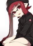  1girl arms_between_legs bangs beanie black_headwear black_shirt blunt_bangs commentary domino_mask hat inkling leaning_forward logo long_hair long_sleeves looking_at_viewer mask no_pants open_mouth pointy_ears red_eyes red_hair shirt simple_background sitting smile solo splatoon_(series) takeko_spla tentacle_hair v_arms wariza white_background 