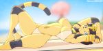  2020 2:1 5_fingers animal_crossing ankh ankha_(animal_crossing) anthro bikini blue_eyes blue_hair blurred_background breasts clothed clothing digital_media_(artwork) domestic_cat egyptian felid feline felis female fingers hair hi_res looking_at_viewer lying mammal marik_azemus34 nintendo on_back solo striped_tail stripes swimwear text uraeus url video_games 