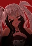  1girl :p absurdres alabama_(azur_lane) azur_lane bangs bare_shoulders bigboss021 black_gloves blush dark_skin doll gloves glowing glowing_eyes hands_on_own_cheeks hands_on_own_face highres long_hair looking_at_viewer mirai_nikki open_mouth red_background red_eyes silver_hair simple_background solo tongue tongue_out twintails upper_body 