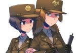  2girls america blonde_hair brown_eyes brown_hair clipboard erica_(naze1940) gloves highres kepi locked_arms military military_uniform multiple_girls necktie original pencil uniform united_states_army world_war_ii yellow_eyes 