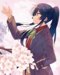  1girl alternate_costume arm_up black_hair blush brown_coat buttons cherry_blossoms coat eyebrows_visible_through_hair from_side hair_between_eyes hand_in_pocket highres kantai_collection long_hair long_sleeves parted_lips petals ponytail red_eyes solo upper_body very_long_hair yahagi_(kantai_collection) yukichi_(eikichi) 